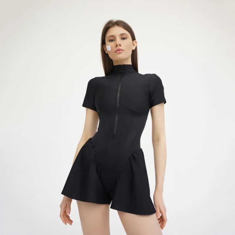 Sexy Tight Skirt jumpsuit Spring/Summer New Women's Round Neck Short Sleeve Zipper Bottom Shirt Aviola
