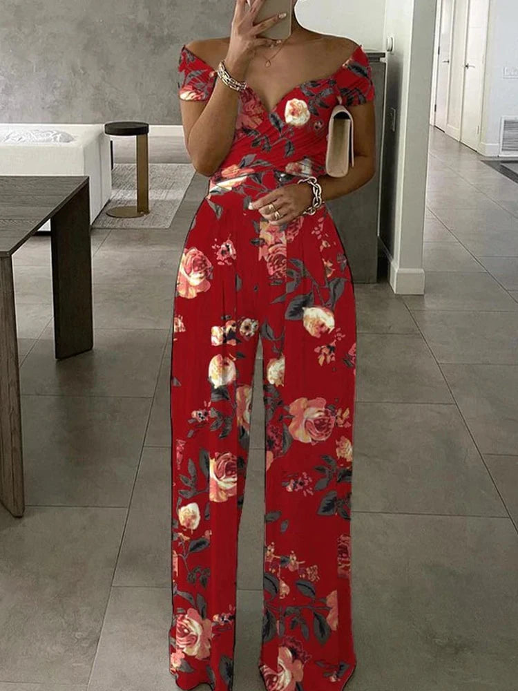 Floral Print Jumpsuit Women Summer Y2k Straight Party Overalls Y2k Club Romper Elegant Off Shoulder Sleeveless Party Jumpsuits Aviola
