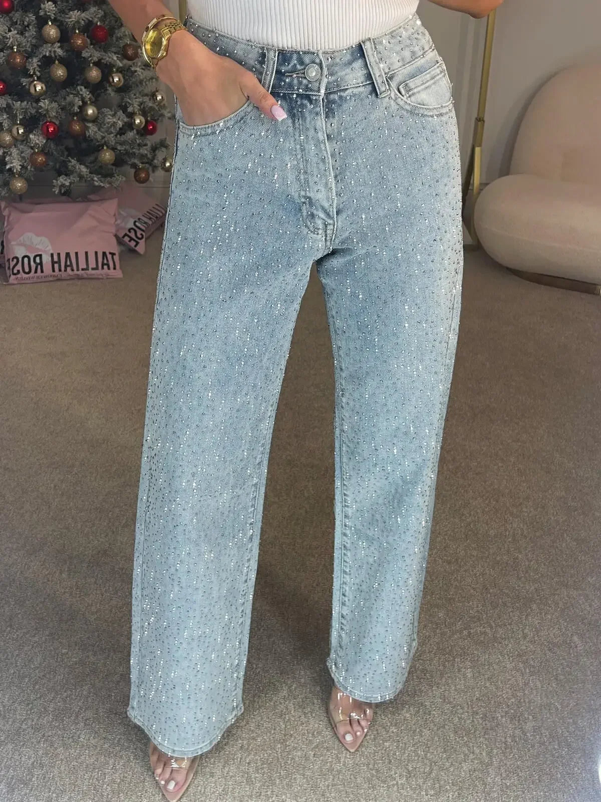 Jeans for Women Straight Diamonds Pants Stretch High Waist Washed Mom Jeans Vintage Denims Streetwear Y2k Streetwear Trousers Aviola