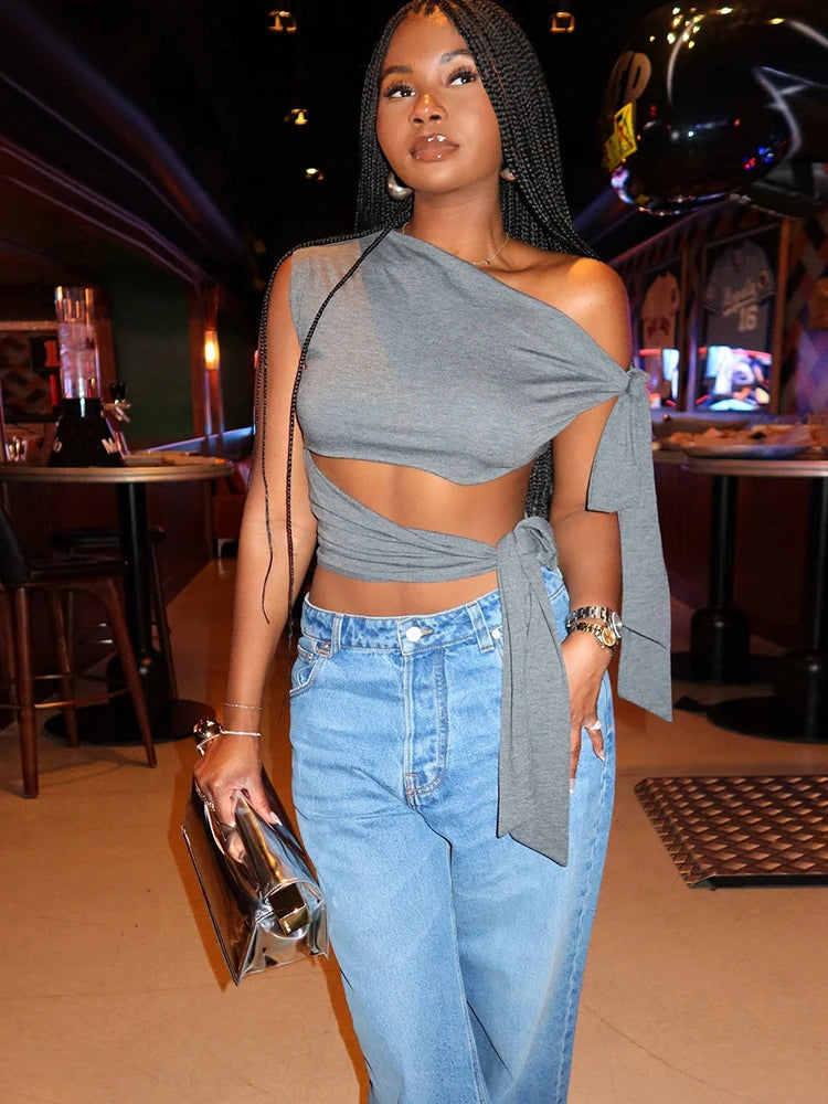 Nibber Hottie Hollow Bandage Tank Tops Women Ribbon One Shoulder Solid Summer Trend Wild Midnight Club Skinny Irregular Vest Aviola