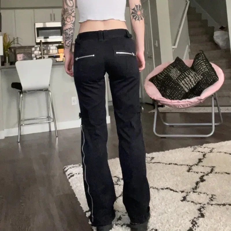 Low Waist Jeans Women Denim Straight Flare Pants Vintage Pockets Zipper Denim Punk 2025 Autumn Streetwear Ankle Length Trousers Aviola