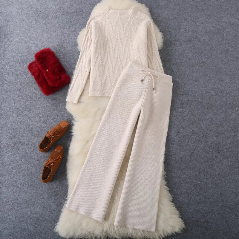 Women Tracksuit Thick Sweater Autumn Winter Knitted Two Piece Set Top+Knitted wide leg Pant Warm Sweater Elastic Trousers Suits Aviola