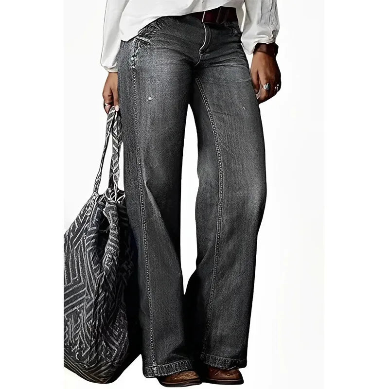 Women Jeans Wide Leg Pants Ankle Length Washing Denim Distressed Pockets High Waist Casual Loose Solid Spliced Summer 2024 Aviola