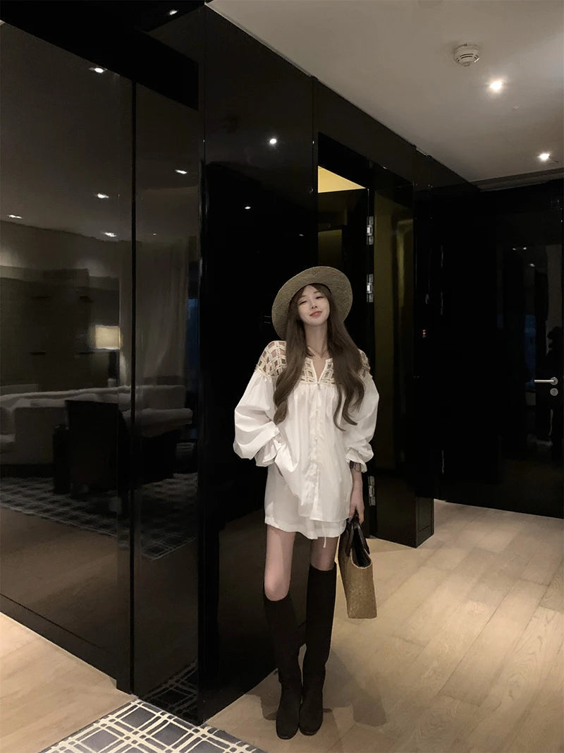 MEXZT Vintage White Shirts Women Streetwear Hollow Out Oversized Blouses Summer Ladies Korean Lantern Long Sleeve Casual Tops Aviola