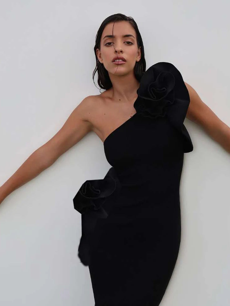Nibber Casual Strapless Maxi Dress Women Ruched 3d Flowers Diagonal Collar Backless Holiday Crochet Elegant Fashion Vestidos Aviola