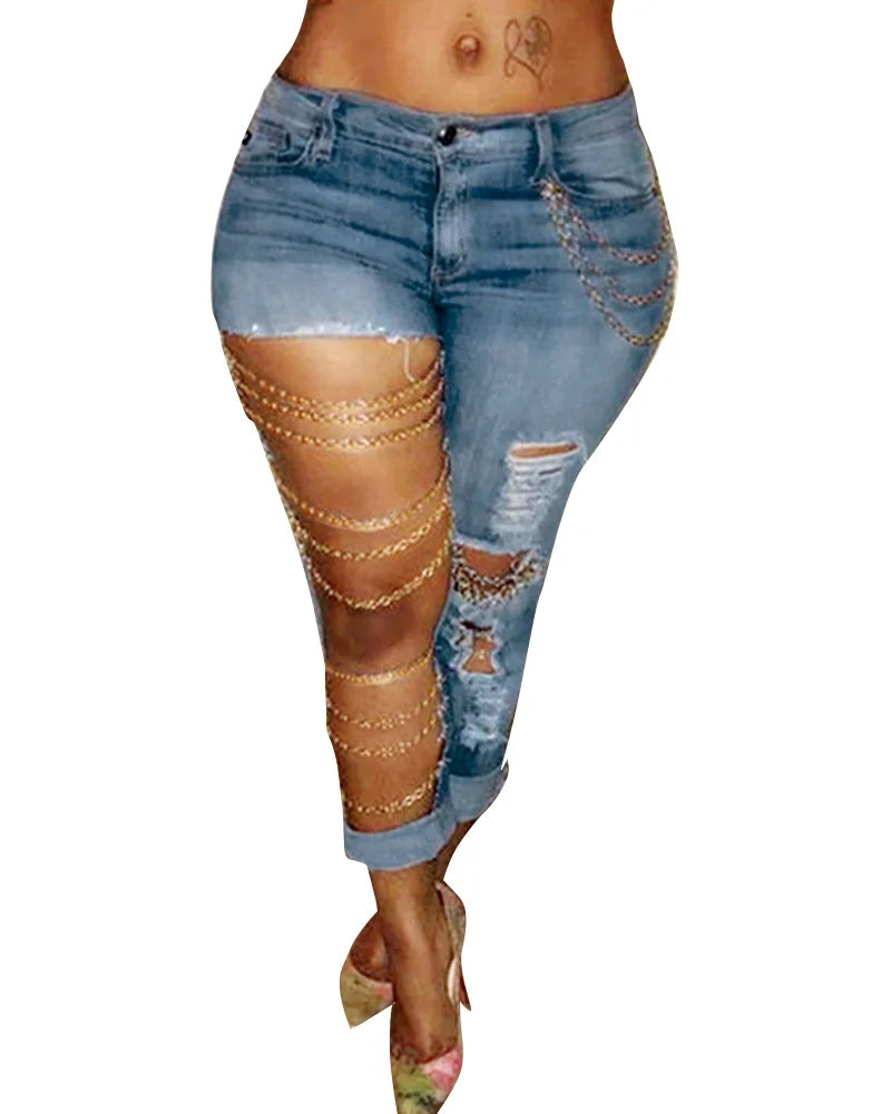 Women Jeans Pencil Pants Denim Sexy Big Holes Chain Washing Slim Pockets Streetwear Spring 2024 Slight Strech Solid Color Aviola