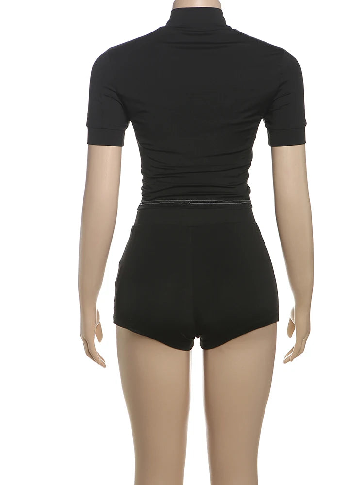 Nibber Summer Tracksuit Women 2 Piece Set Zip Patchwork Shorts Sleeve Crop Tops+Shorts Matching Sporty Skinny Stretch Outfits Aviola