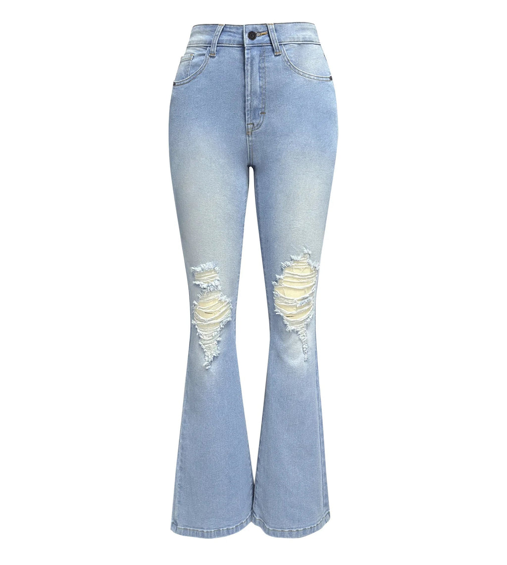 Women Denim Flare Pants Streetwear Jeans Loose Fit High Waist Pockets Holes Ankle Length Solid Color Spring 2024 Zipper Fly Aviola