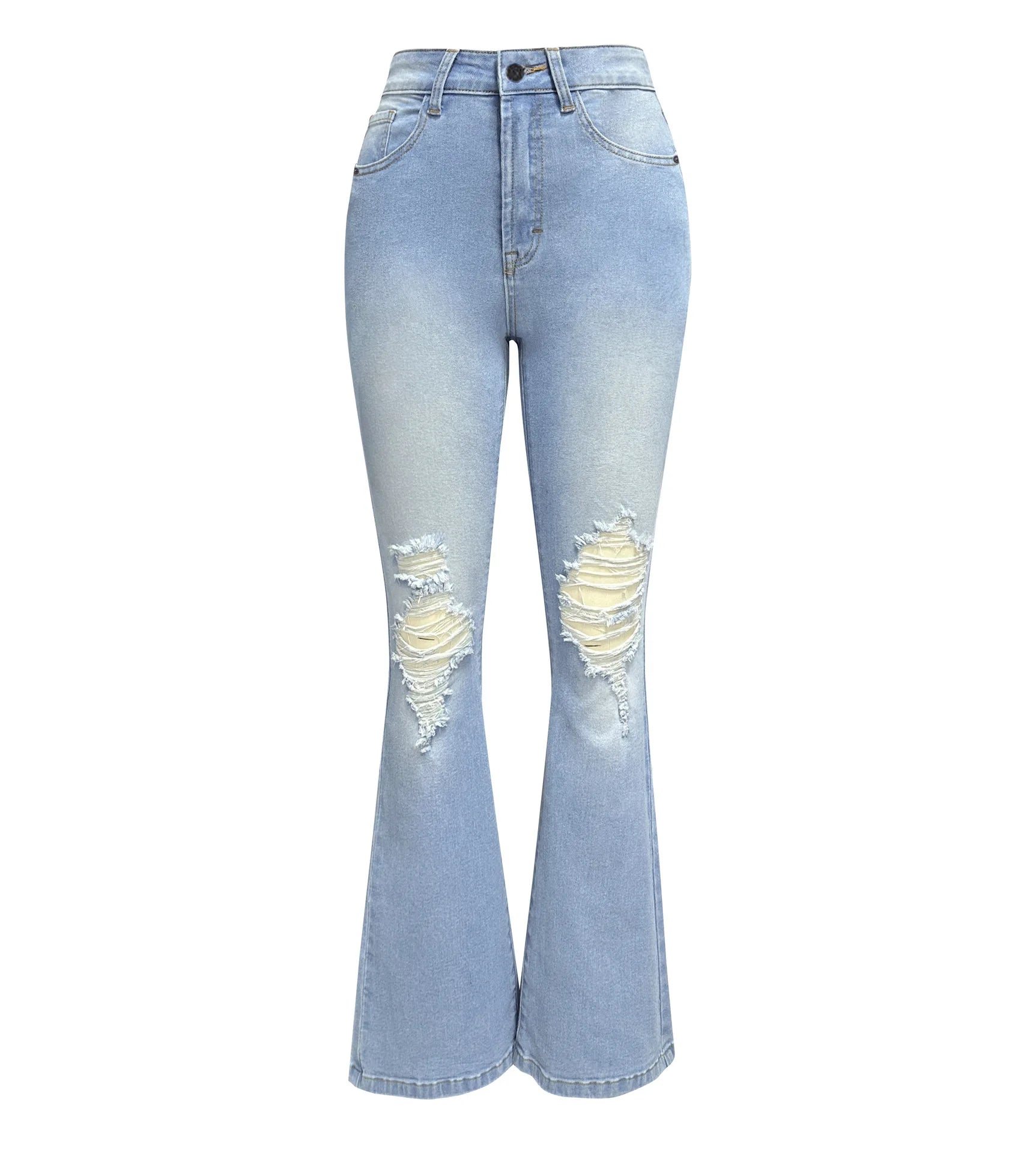 Women Denim Flare Pants Streetwear Jeans Loose Fit High Waist Pockets Holes Ankle Length Solid Color Spring 2024 Zipper Fly Aviola