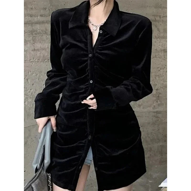 MEXZT Vintage Shirts Women Black Velvet Pleated Blouses Korean Elegant Folds Turn Down Collar Long Sleeve Slim Chic Casual Tops Aviola