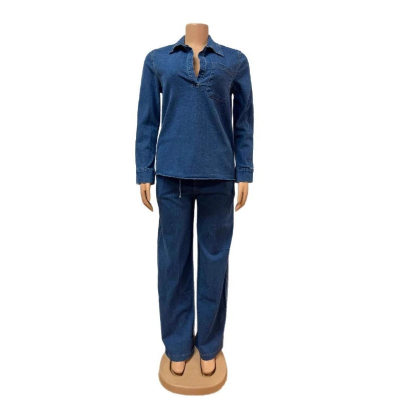 Denim Pant Set Women Two Piece Sets Turn Down Collar Mom Jeans Shirt Tops Wide Leg Long Pants Straight Trousers Y2k Streetwear Aviola
