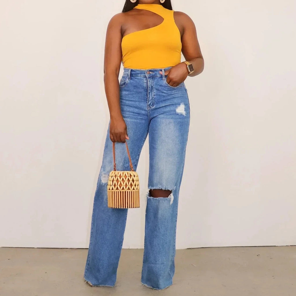 Women Jeans Ankle Length Holes Loose Flat Straight Mom Pants Zipper Fly Pockets Solid Color High Street Slight Strech Denim Aviola