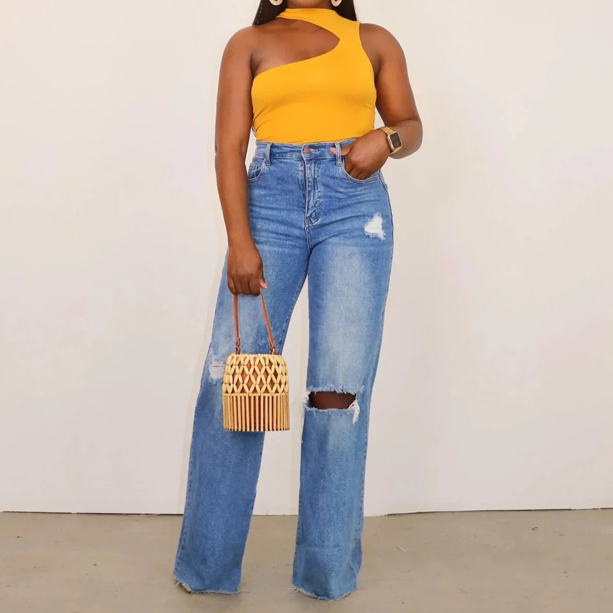 Women Jeans Ankle Length Holes Loose Flat Straight Mom Pants Zipper Fly Pockets Solid Color High Street Slight Strech Denim Aviola
