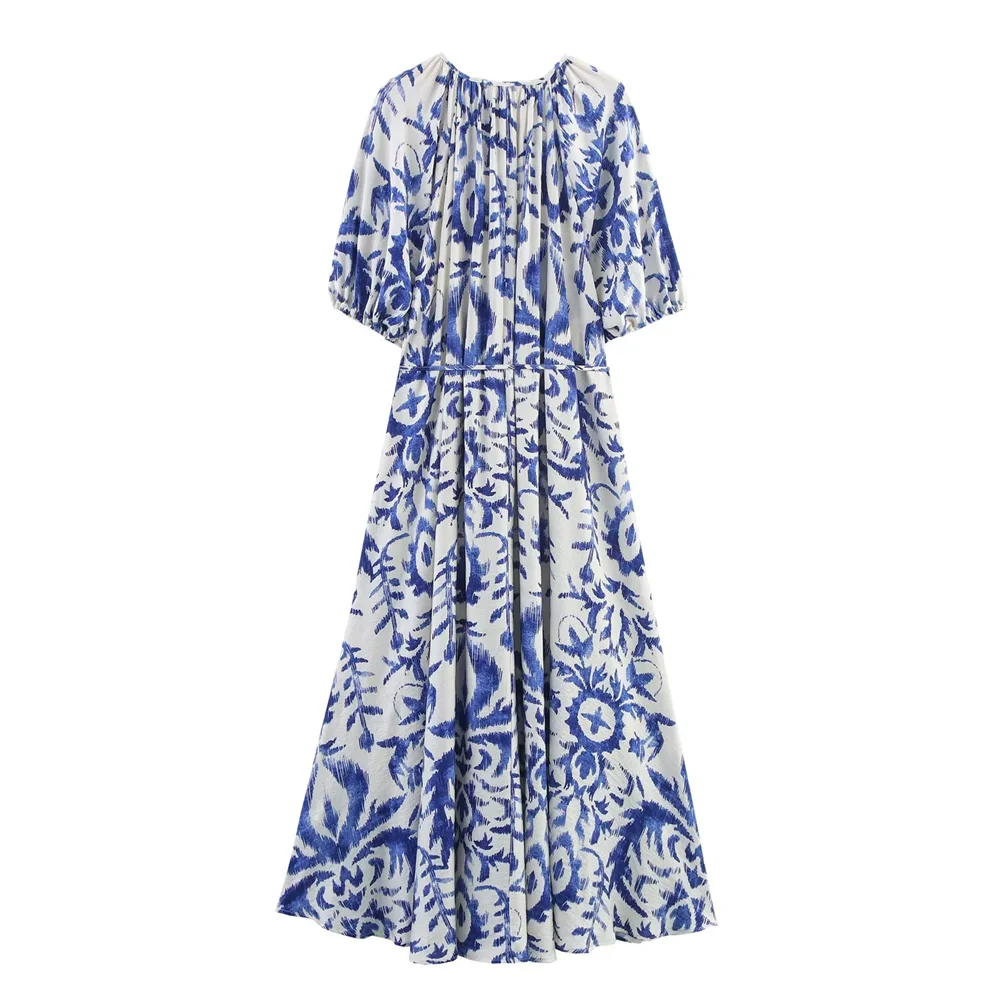 BM&MD&ZA2025Plant Flower Round Neck Dress Loose Long Skirt Holiday Style Beach Skirt Summer Women's Wear Aviola
