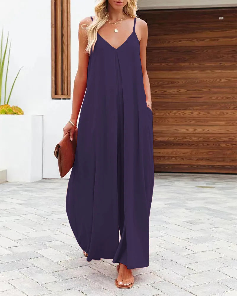 Women Jumpsuits V Neck One Piece Ankle Length Wide Leg Pants Rompers Backless Overalls Solid Pockets Loose Casual Mid Waist Aviola