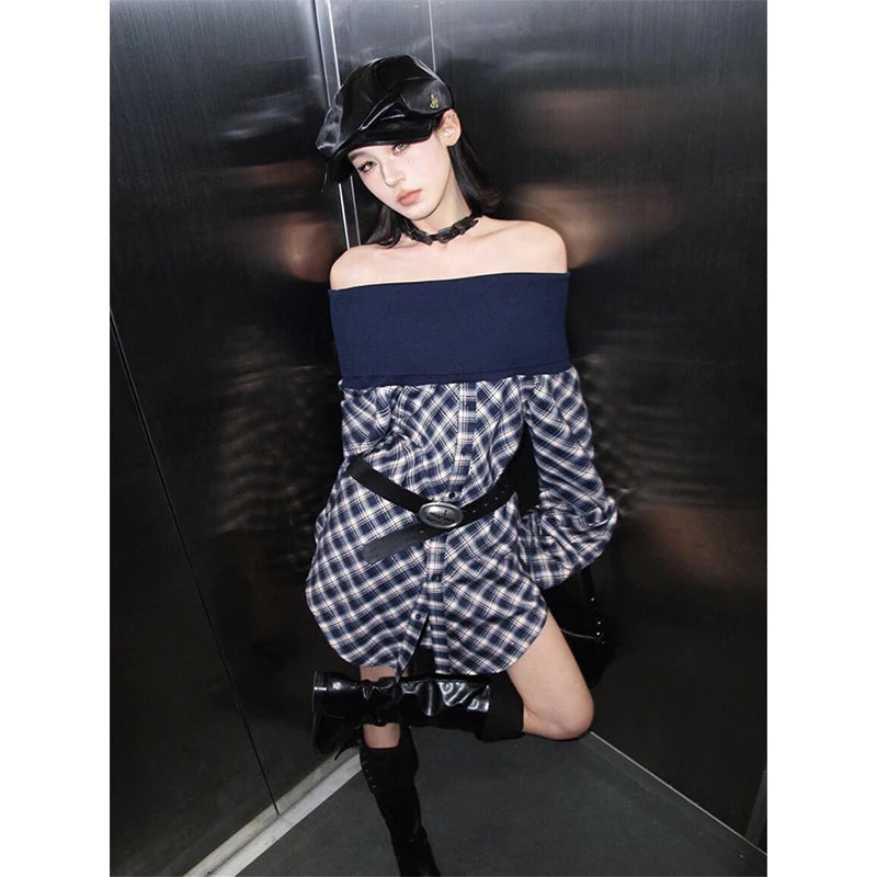 MEXZT Vintage Plaid Shirts Women Y2K Harajuku Sexy Slash Neck Patchwork Blouses Gyaru Korean Long Sleeve Casual Design Tops New Aviola