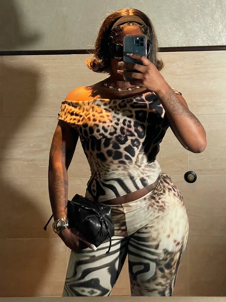 Nibber Fashion Leopard Print 2 Piece Set Women Slash Neck Backless Top+Skinny Peach Hip Crop Pants Hottie Hipster Streetwear Aviola