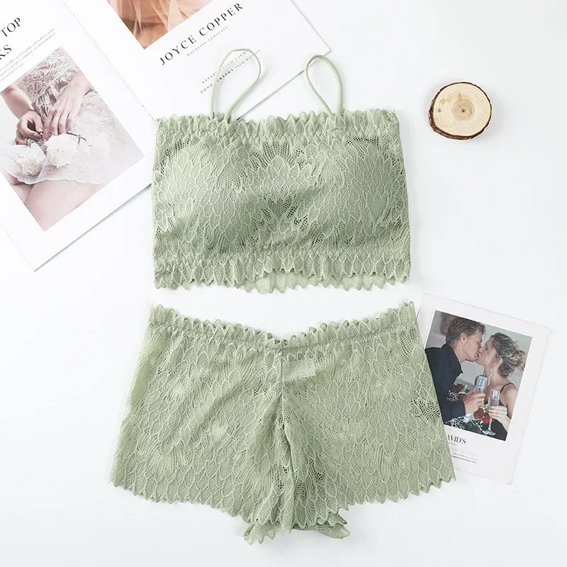 Women Lace Tube Bra and Panty Set Wireless Underwear Summer Padded Bralette Female Sexy Lingerie Low Rise Briefs Aviola