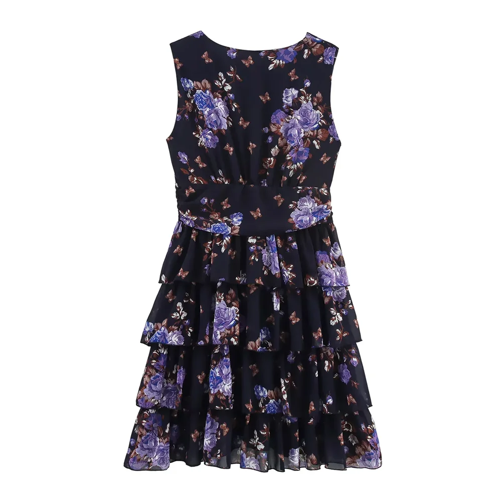 BM&MD&ZA2025multi-layer printed V-neck sleeveless layered decorative floral dress new summer women's clothing Aviola