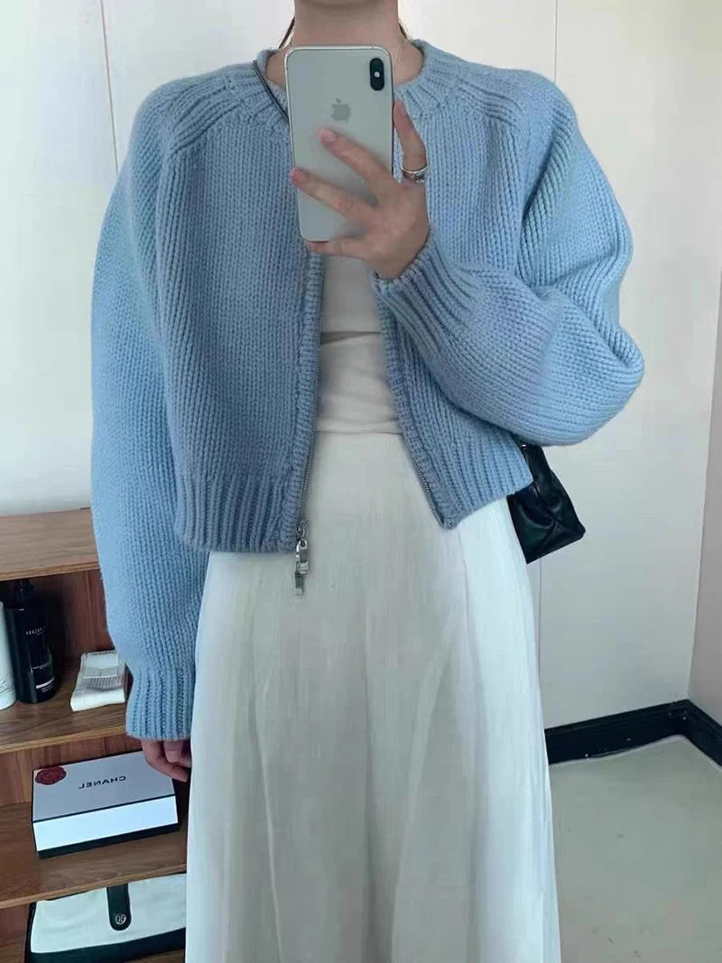 MEXZT Solid Knitted Cardigan Women Sweet Zipper Cropped Sweaters Korean Vintage Casual Knitwear Coat Loose Short Jumpers Jackets Aviola