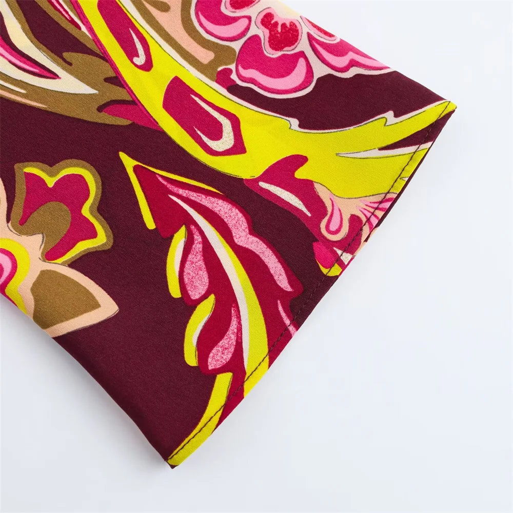 Gorgeous Burgundy Paisley Print Women Dress with Long Bell Sleeves and Belted Waist from BM&MD&ZA 2025 Collection Aviola