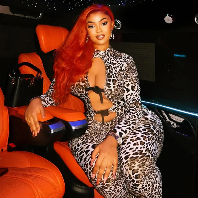 Nibber Sexy Leopard Print Jumpsuits Women Style Hollow Bandage Full Sleeve Skinny Peach Hip Midnight Coquette Fashion Overalls Aviola