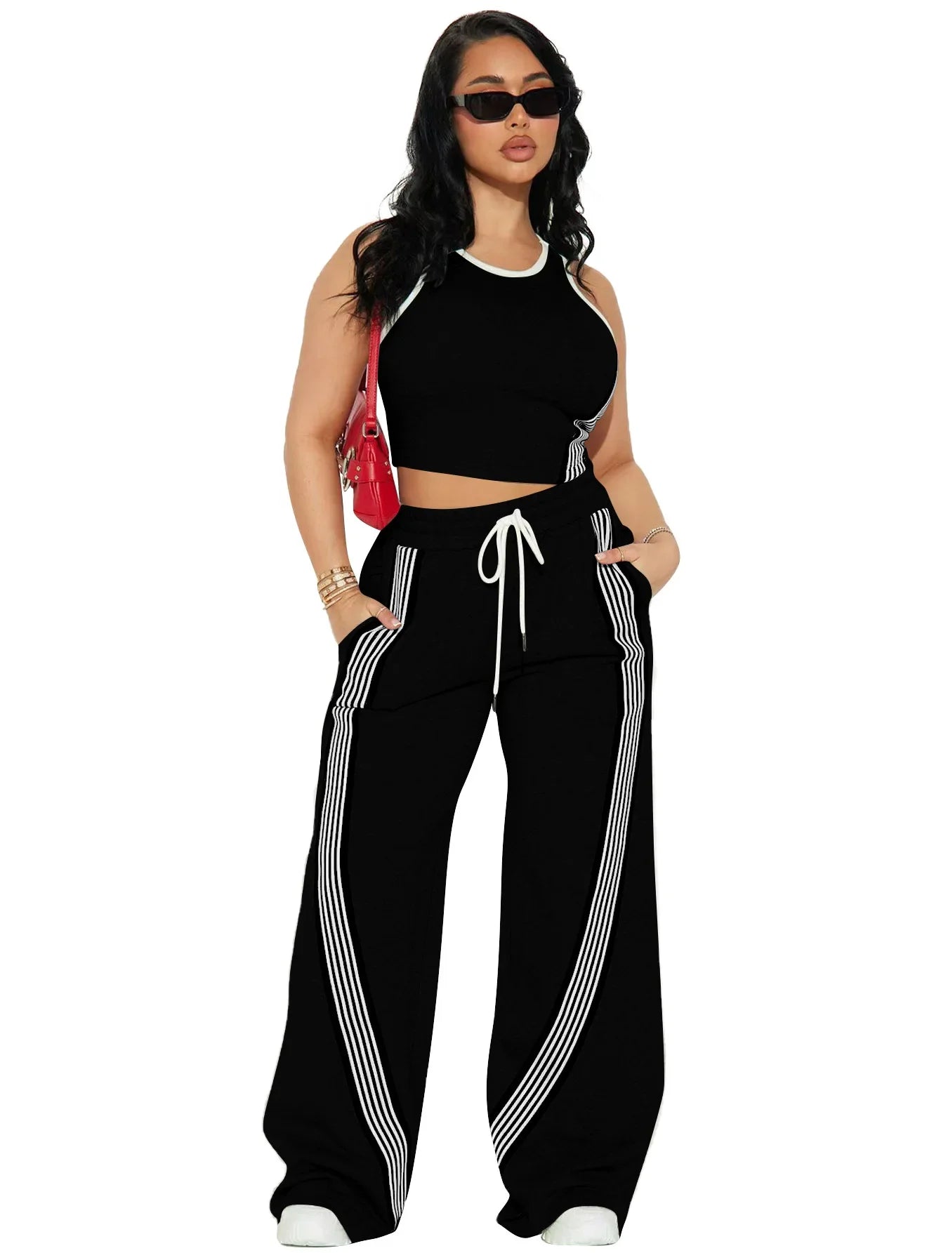 Two Piece Sets Women Sports Suit Vest Top Wide Leg Pants Striped Elastic Waist Matching Sets Trousers Sportswear 2025 Tracksuit Aviola