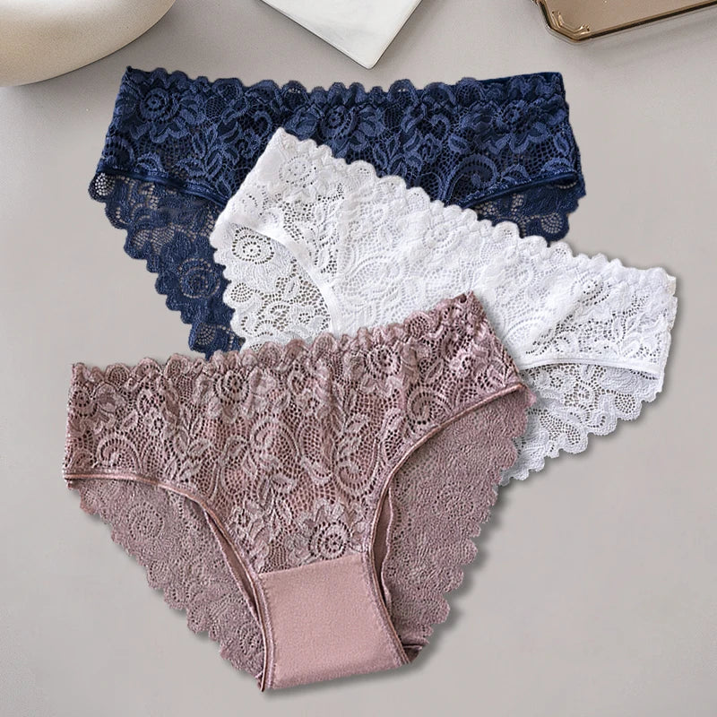 3PCS/Set Blue White Khaki Solid Color Cotton Panties Lace Floral Embroidery Briefs Solid Color Sexy Female Underwear Lingerie Aviola