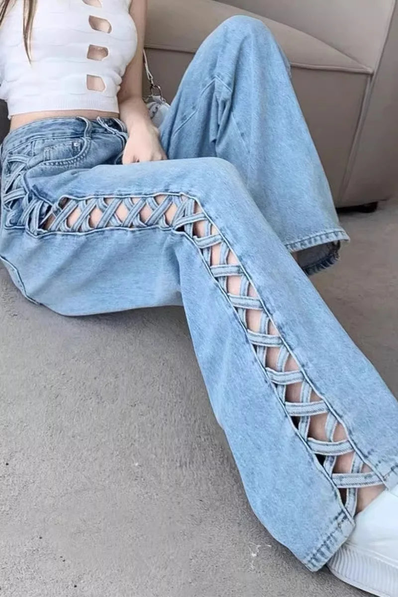 Women Casual Mom Jeans Hollow Out High Waist Trousers Button Zipper Wide Leg Pant Office Lady Loose Spring Club Y2k Streetwear Aviola