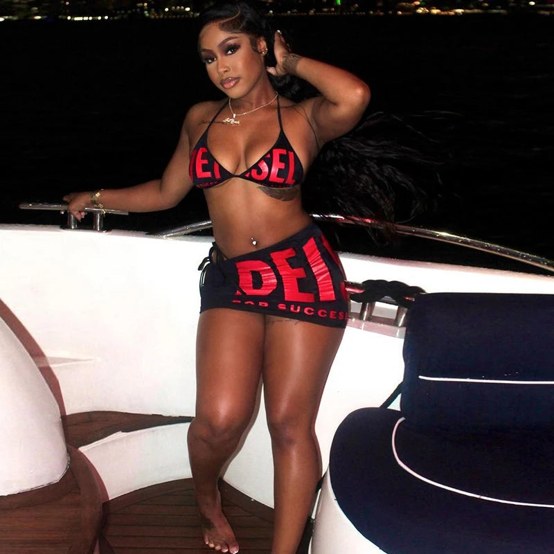 Nibber Letter Print Woman 3 Piece Set Bandage Bra+Mini Bottoms+Mini Skirt Beach Party Fashion Sexy Style Hottie Matching Suit Aviola