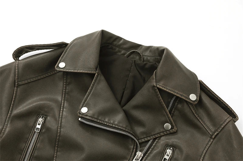 Chaqueta de cuero lavado con cinturón para mujer, abrigo corto con cremallera degradada y cuello vuelto Vintage, chaqueta elegan Aviola