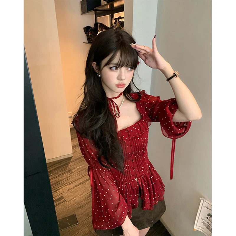 MEXZT Vintage Polka Dots Shirts Women Elegant Red Ruffles Lace Up Blouses Summer Korean Square Collar Long Sleeve Design Tops Aviola