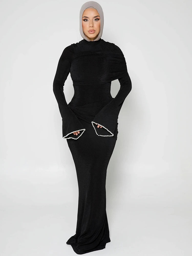 Nibber o-Neck Maxi Dress Women Mesh Long Sleeves Folds Elegant Temperament Autumn Trend Skinny Solid Banquet Simple Vestidos Aviola