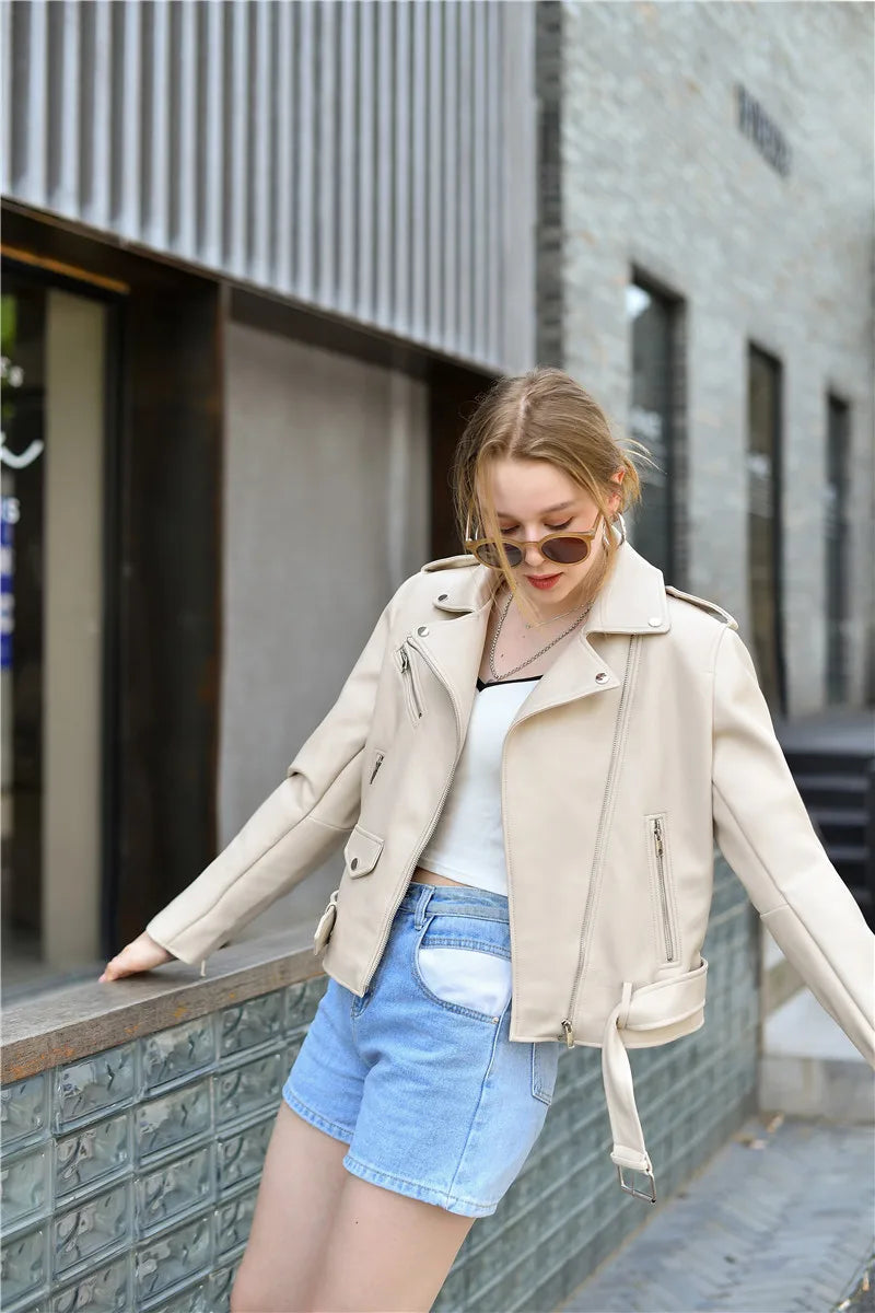 2025 New Spring Autumn Women Blue Faux Leather Jacket Ladies Solid With Belt Zipper Biker Coat Female Casual Outwear Veste Femme Aviola