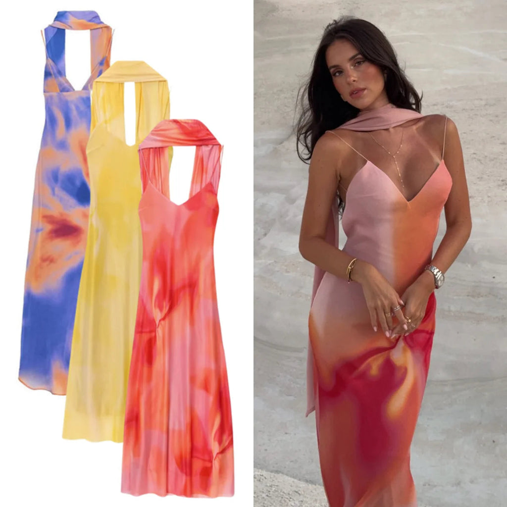 UNIZERA Scarf Printed Backless Long Dress 2025 Summer New Arrivals Women's Wear Elegant Satin Textured Dress Aviola