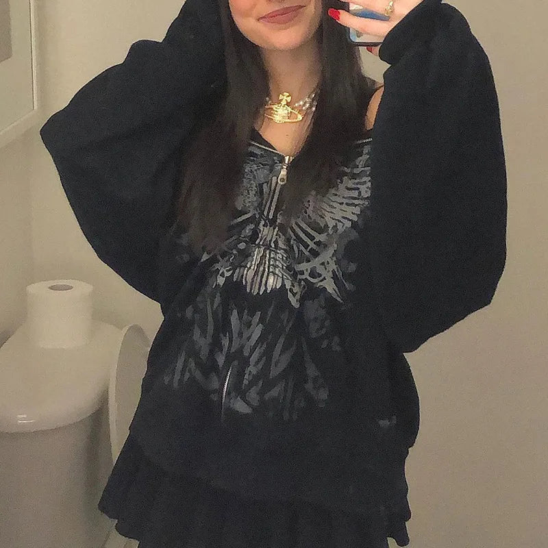 Dark personality printed hoodie female American 2024 new black hooded zipper coat loose casual top Aviola