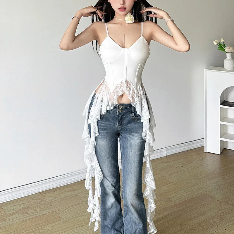 MEXZT Y2K Irregular White Tank Top Women Sexy Lace Ruffles Backless Black Corset Summer Gyaru Streetwear Grunge Bandage Camis Aviola
