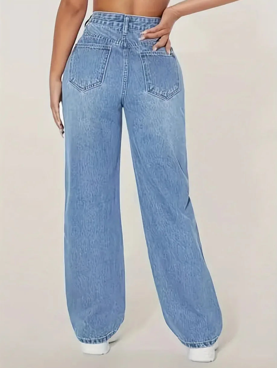 Mom Jeans Women Denim Pant Wide Leg Long Pants Hole High Waist Straight Trousers Y2k Streetwear Work Splice Casual 2025 Punk Aviola