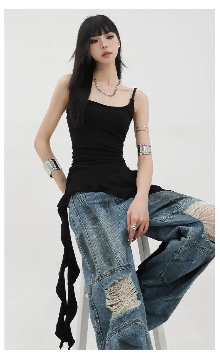 MEXZT Y2K Irregular Black Tank Top Women Grunge Aesthetic Sexy Backless Camis Gyaru Streetwear Korean Tees Summer Design Tanks Aviola