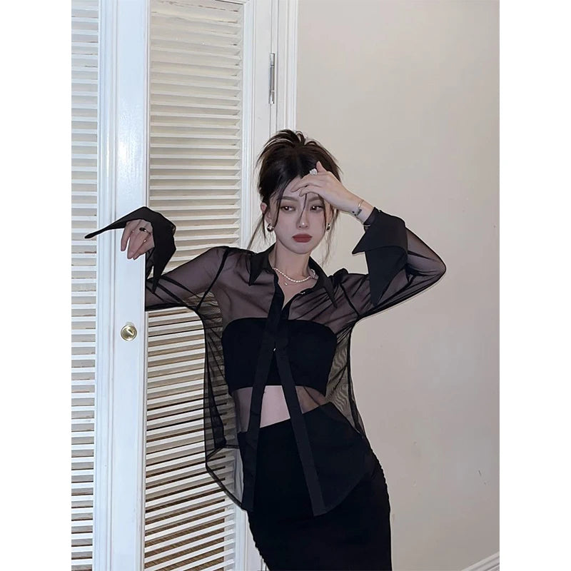MEXZT Y2K Mesh Sheer Shirts Women Sexy Black See Through Blouses Summer Korean Fashion Aesthetic Long Sleeve Slim Chic Tops New Aviola