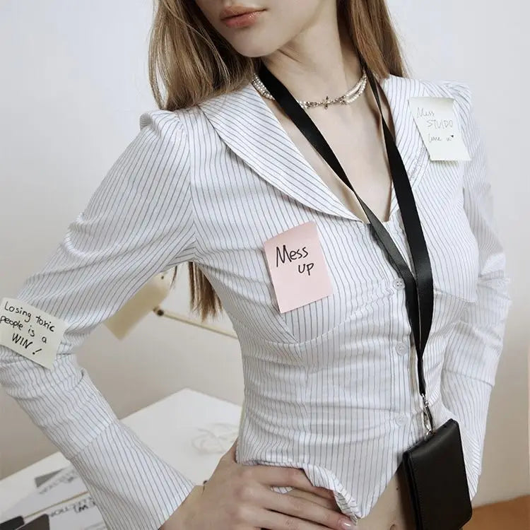 MEXZT Y2K 2000S Striped Shirts Women Harajuku Aesthetic Cropped V Neck Blouses Summer Fashion Gyaru Long Sleeve Slim Design Tops Aviola