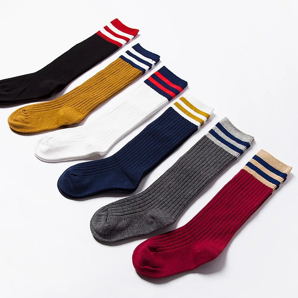 6 Pairs Students Stockings Stripe Pattern Children Sports Socks Solid Color Breathable Knee Stockings for 7-9 Years Old Aviola