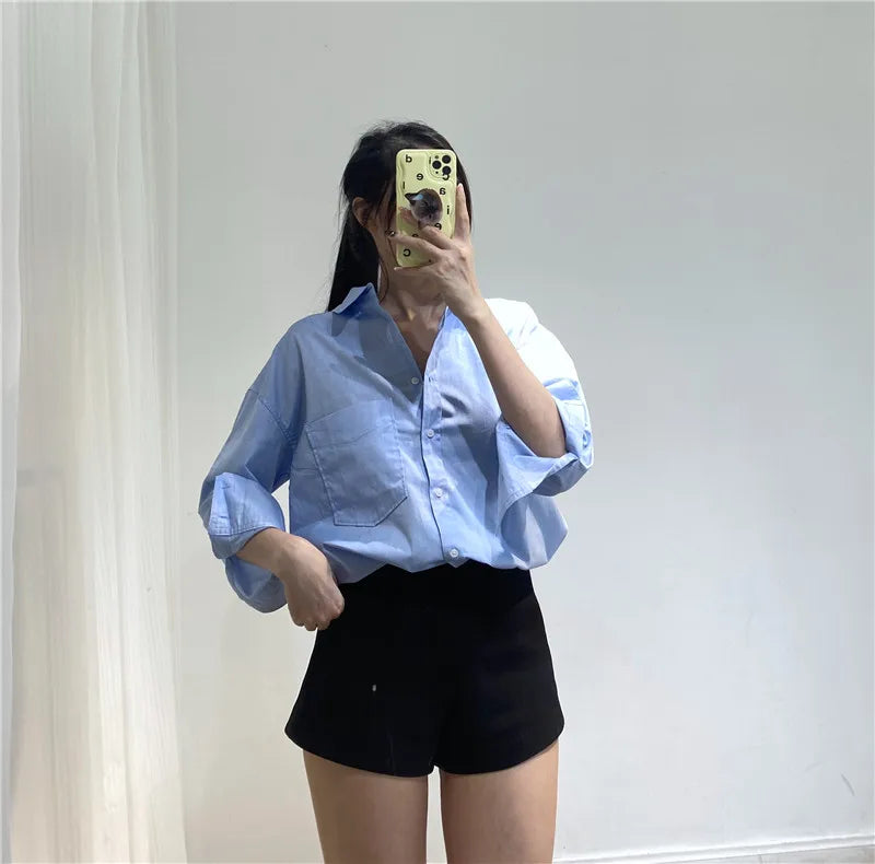 RARF Women Autumn Single Breasted Blouses Vintage Lapel Collar Long Sleeve Office Lady Female Shirt Chic Pocket Top Blusas Aviola