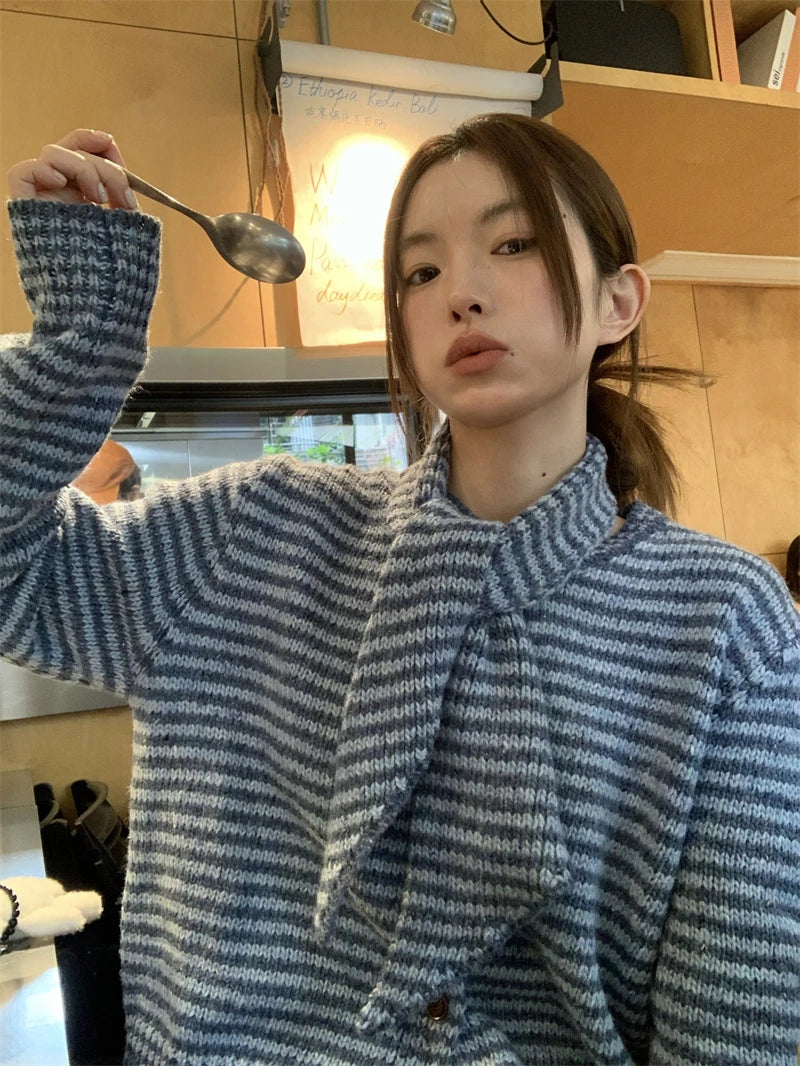 MEXZT Vintage Striped Knitted Cardigan Women Elegant Scarf Sweater Outerwears Korean Long Sleeve Knitwears Winter Casual Jumpers Aviola