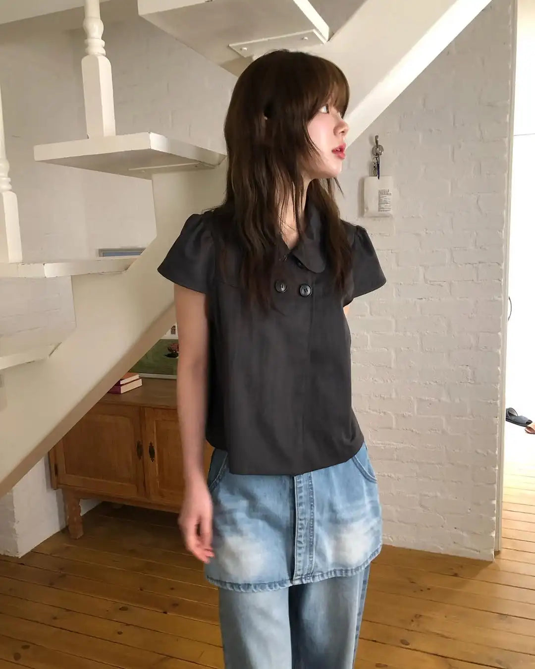 MEXZT Vintage Black Shirts Women Japanese Harajuku White Cropped Puff Short Sleeve Blouses Summer Korean Casual Design Tops New Aviola