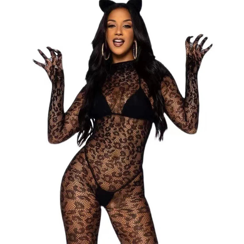 Exotic Baby Doll Costumes Sexy Crotchless Lingerie Women Backless Cutout Babydoll Chemises Mesh Sheer Leopard Print Bodystocking Aviola