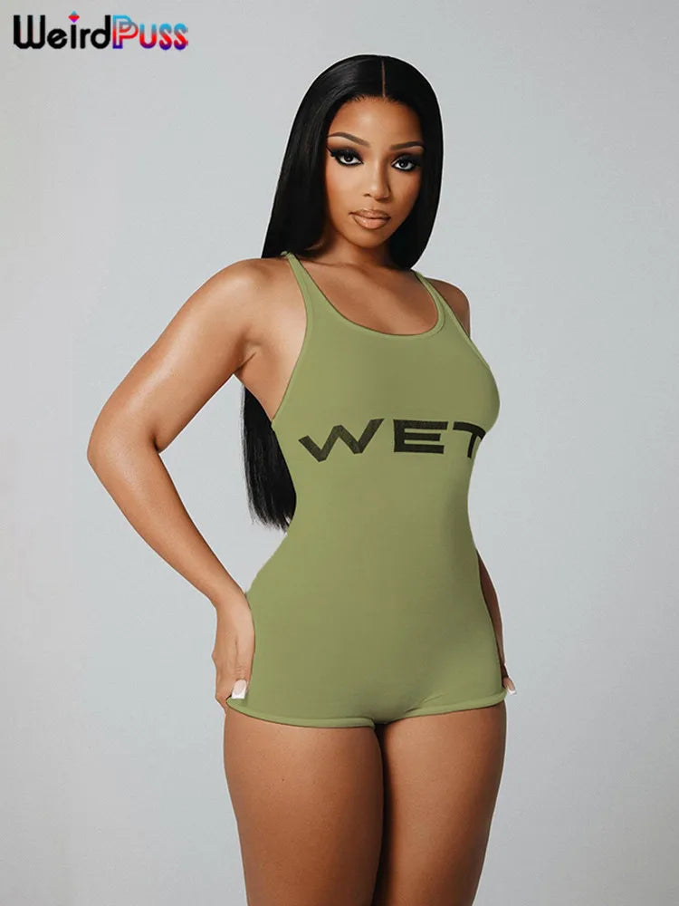 nibber Letter Print Romper Women Low-Neck Sporty Casual Sleeveless Stretch Activity Skinny Playsuit Tight Short Overalls Aviola