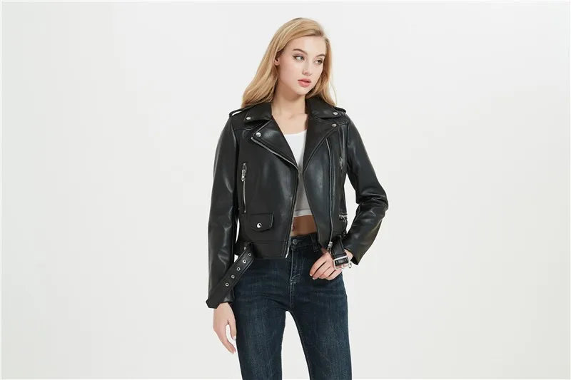 RARF Spring and Autumn 2025 New faux leather PU jacket with belt women's lapel motorcycle jacket black zip biker jacket Aviola