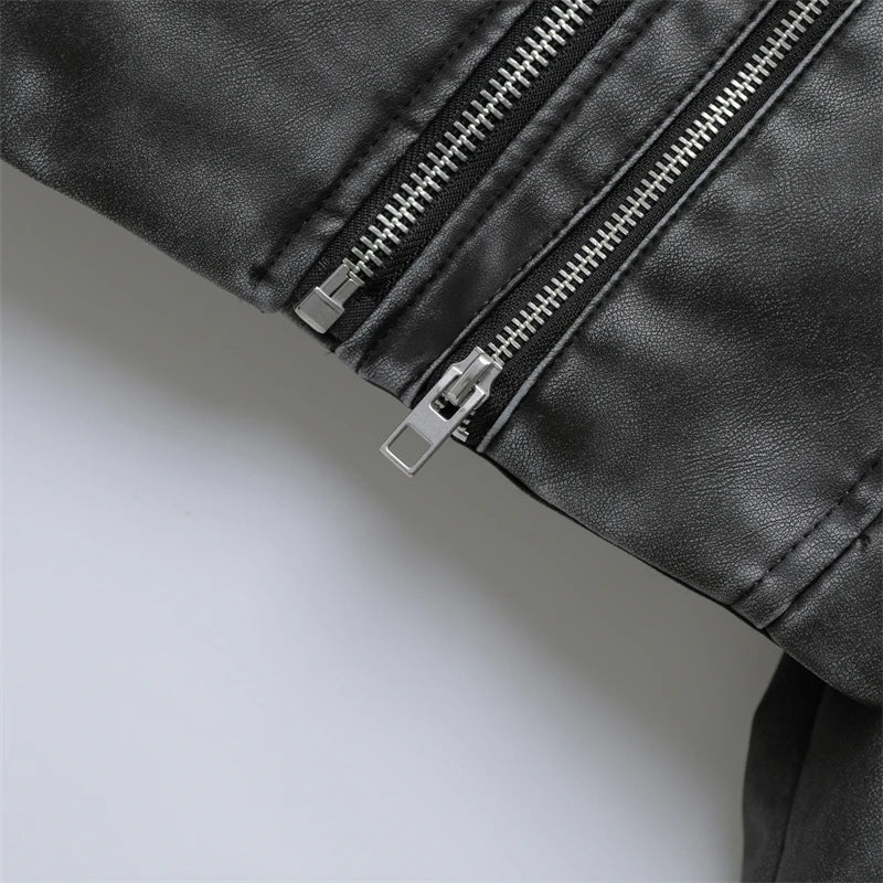 RARF 2024 Women's new short make old effect imitation leather motorcycle jacket jacket women's washed gray leather coat Aviola