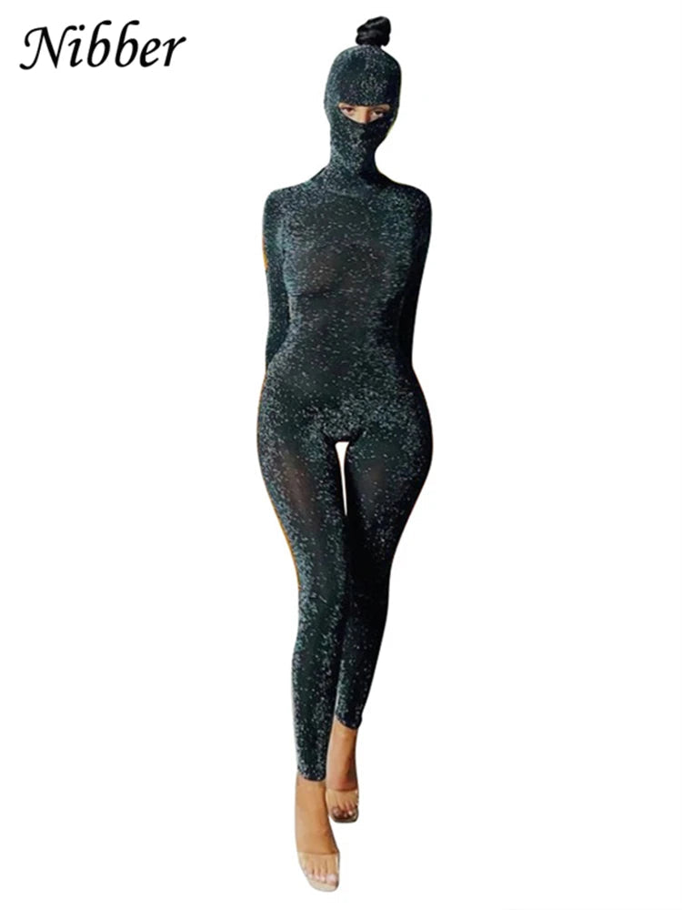 Nibber Glitter Silk Mask Playsuits 2Two Pieces Jumpsuits For Womens Sexy Backless Club Party Wear Long Sleeve One Piece Outfit Aviola